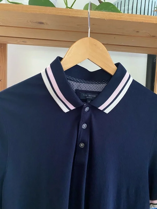 Ted Baker Navy Blue Pink White Stripe Collar Knit Polo Shirt Medium - Picture 6 of 15